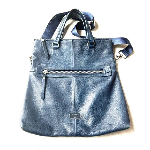 Vintage Fossil Foldover Dawson Tote Crossbody Bag Blue Leather - Picture 2 of 10